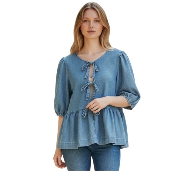 Shop Stevie Tops - Shop Stevie Light Blue Babydoll Denim Top